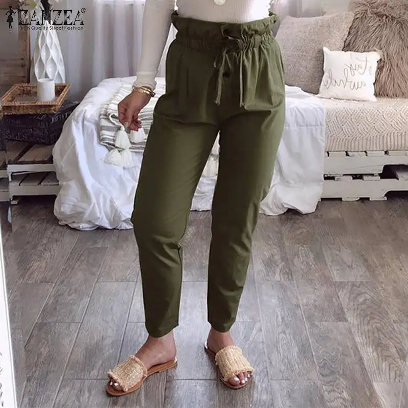 

Women's Pants 2019 ZANZEA Ladies Ruffles High Waist Long Trousers Office Work Cropped Pants Buttons Front Pantalones Streetwear