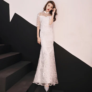 

Lady White Elegant Evening Party Gown Mermaid Chinese Dress Long Slim Noble Qipao Cheongsam Sexy Flower Mesh Vestidos De Festa
