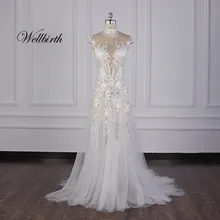 Реальное изображение Wellbirth Vestido de novia милое tull молния сзади Русалка свадебное платье с коротким рукавом свадебное платье JC009