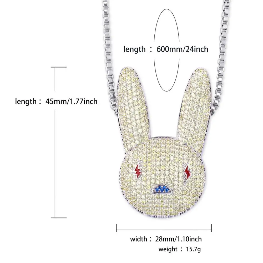 GUCY NEW Bad Bunny Pendant Necklace Iced Out AAA Cubic Zirconia Bling Men's Women Hip hop Jewelry