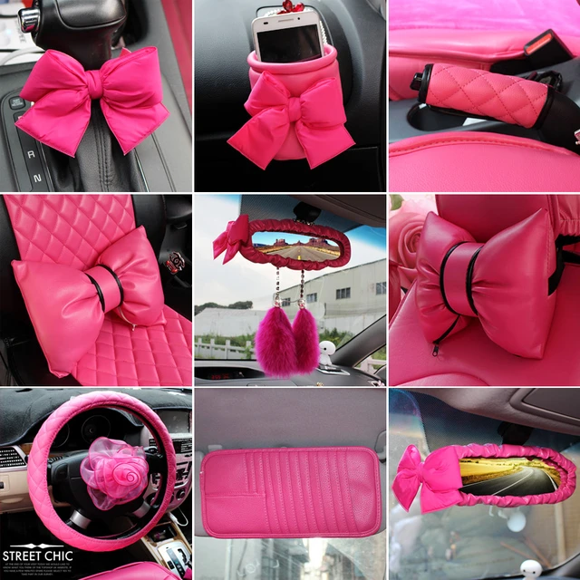 Accessori interni auto da donna Rosa volante Copricollo Poggiacollo Cuscino  Cintura di sicurezza Copertura Shifter Set freni a mano