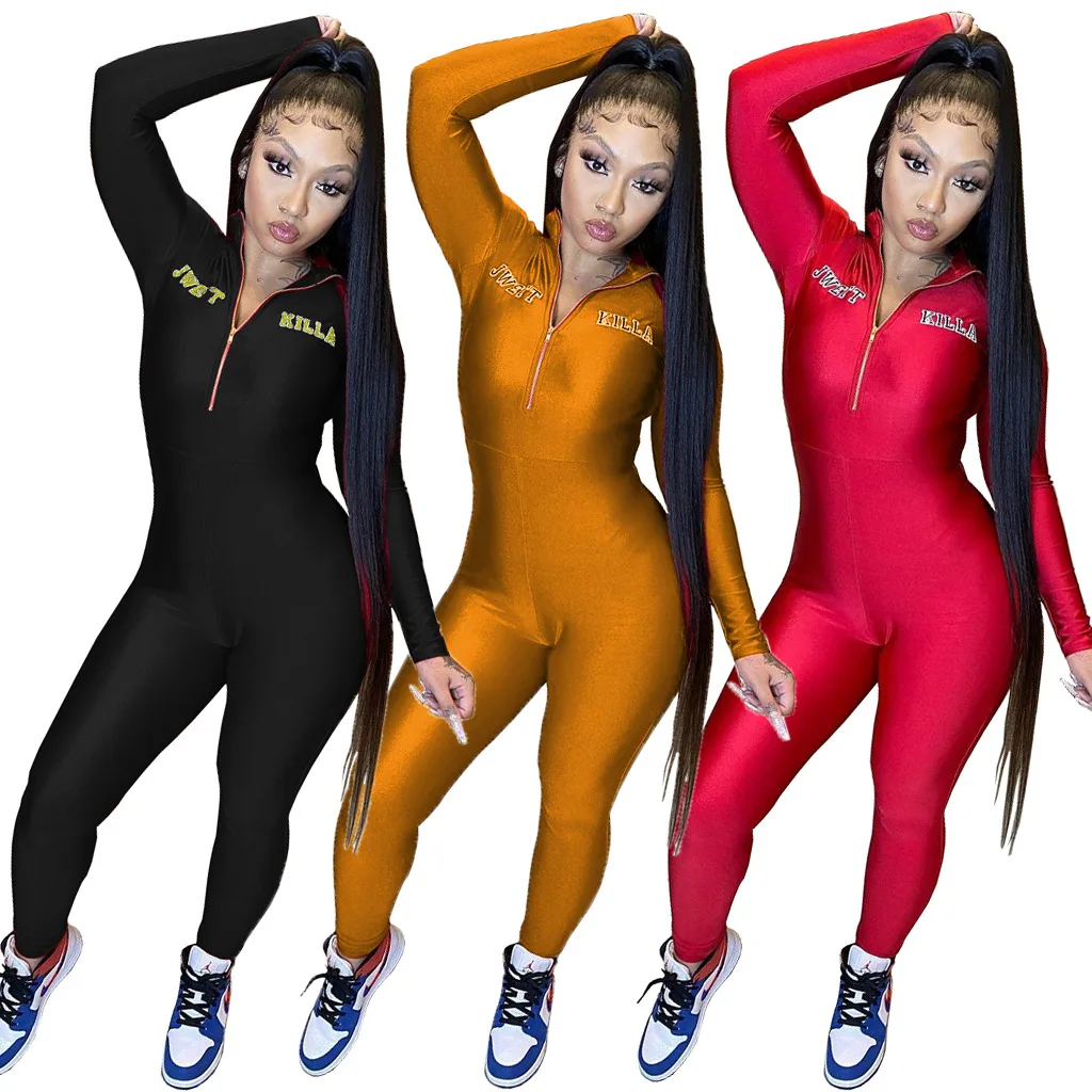 

New Arrived Hot Selling Jumpsuits Fashion Sexy Letter Print Zipper Tight Long Sleeves Casual Sport Jumpsuits