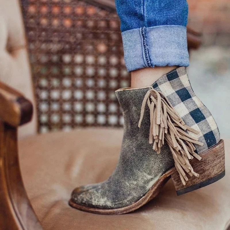 

Vogue Retro Women Ankle Boots Tassel Side Checked Back Zipper Chunky Heel Ladies Shoes Round Toe Low Heel Female Boots