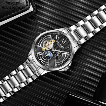 

WAKNOER 2019 Mechanical Watch Men Luminous Automatic Watch Tourbillon Waterproof Mechanical watches For Men Full Steel Clock