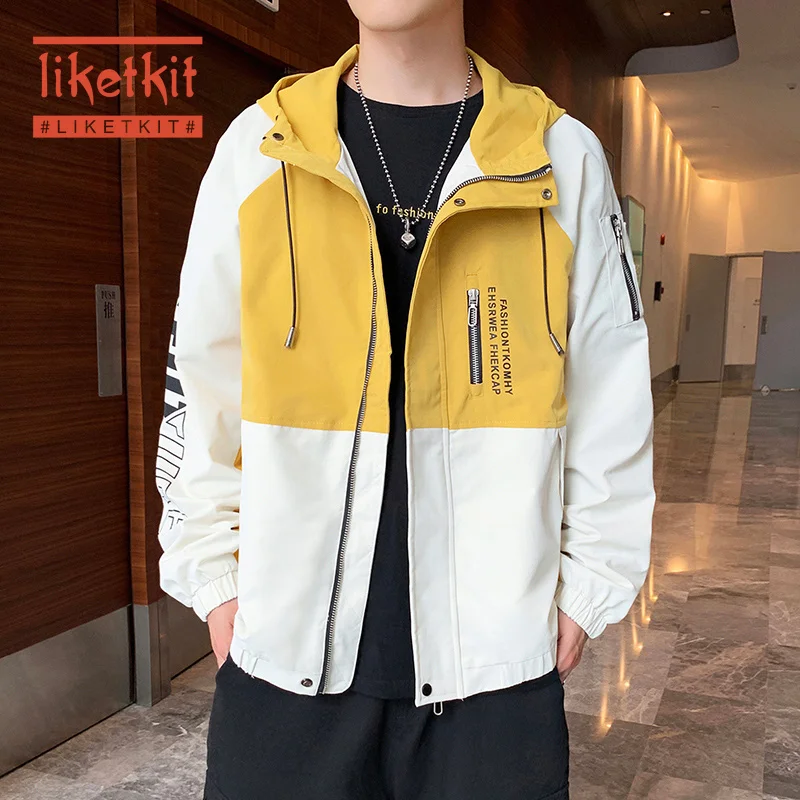 

Liketkit Mens Casual Jackets 2019 Men Color Patchwork Zipper Loose Hooded Windbreaker Male Harajuku Korean Fashion Autumn Coats