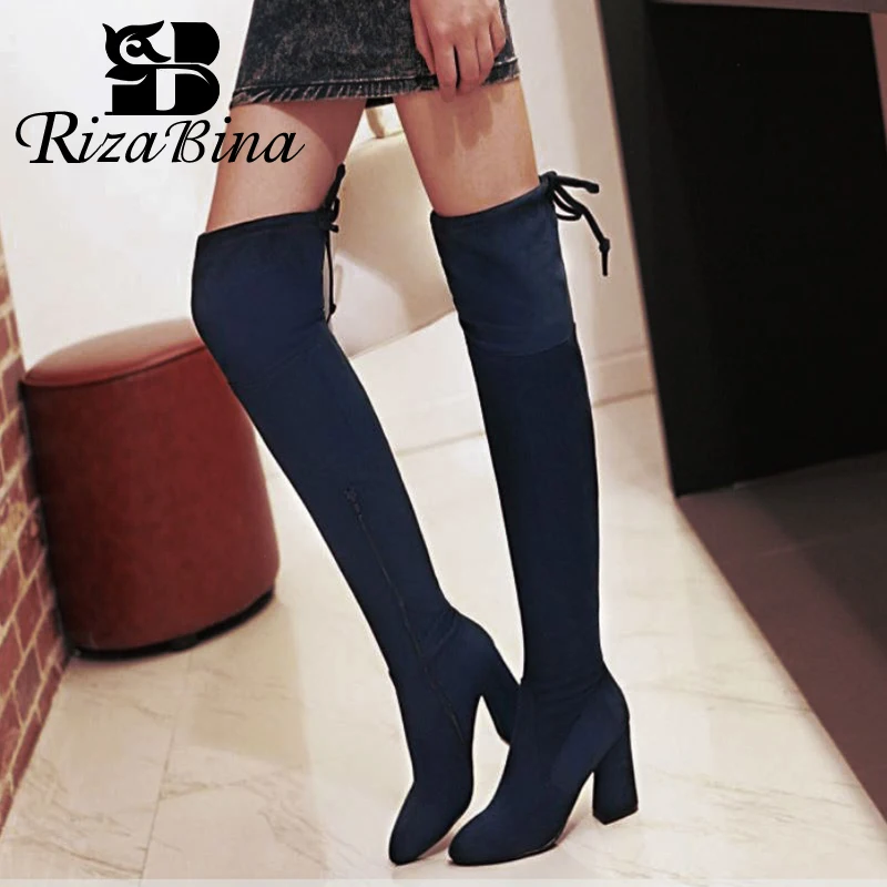 

RIZABINA Women Stretch Boots Autumn Winter Keep Warm Thigh High Boots Pointed Toe Casual High Heels Lace Up Footwear Size 34-43