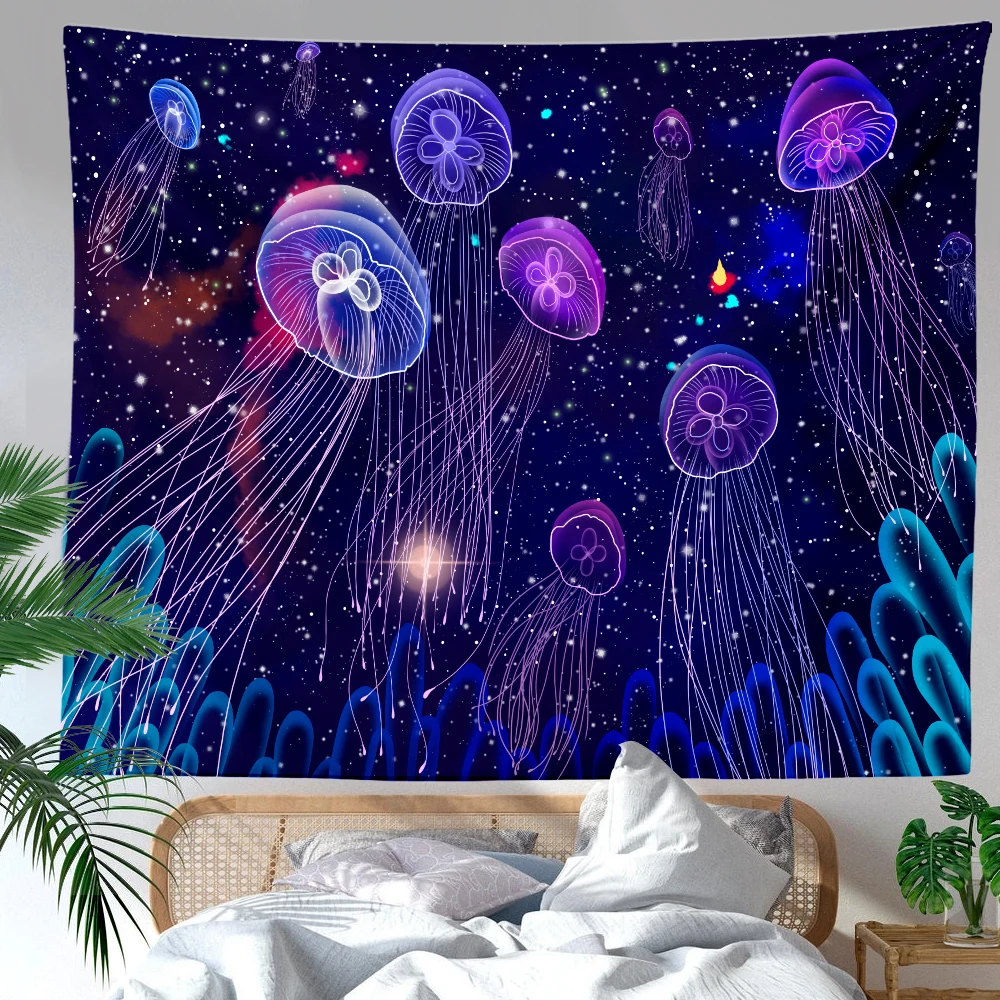 Psychedelic Jellyfish Tapestry Wall Hanging Fantasy Magical Colorful