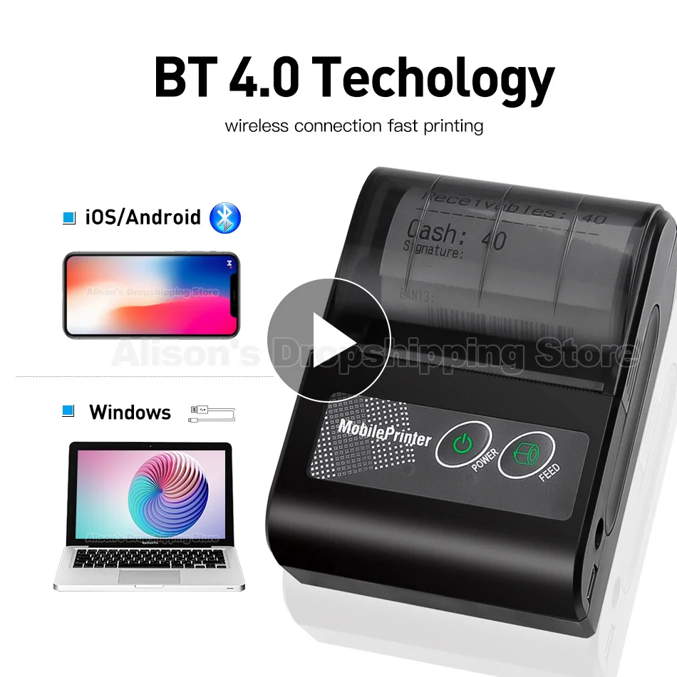 Bluetooth термопринтер карманный портативный мини принтер для чеков билетов 58 мм