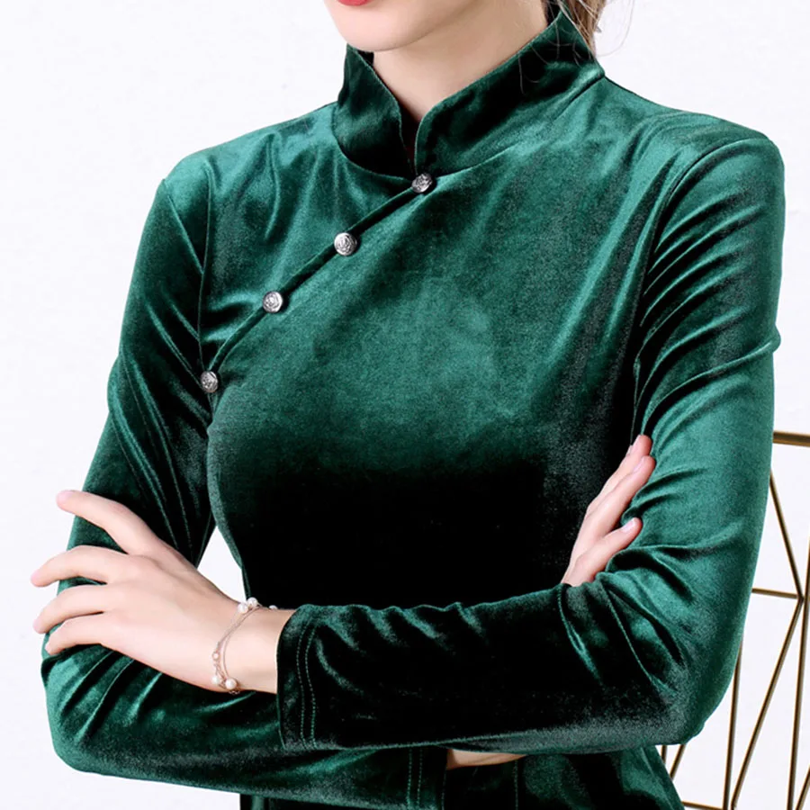 Велюровый винтажный Топ cheongsam тонкий длинный рукав блузки плюс размер женская блузка рубашка Одежда элегантная рубашка топы blusas - Цвет: Зеленый