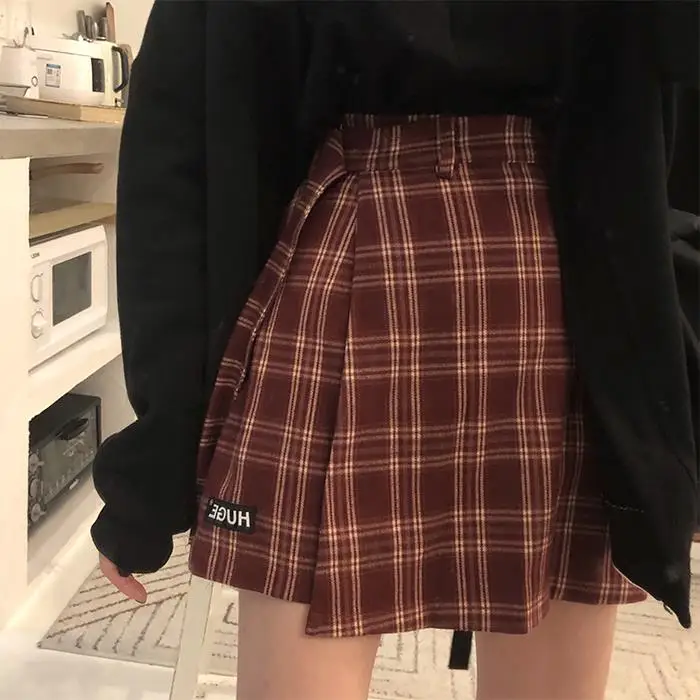 Базовая модная универсальная клетчатая юбка винтажный ассиметричный, с высокой талией колледж Ветер новая корейская мода женские мини юбки - Цвет: Бургундия