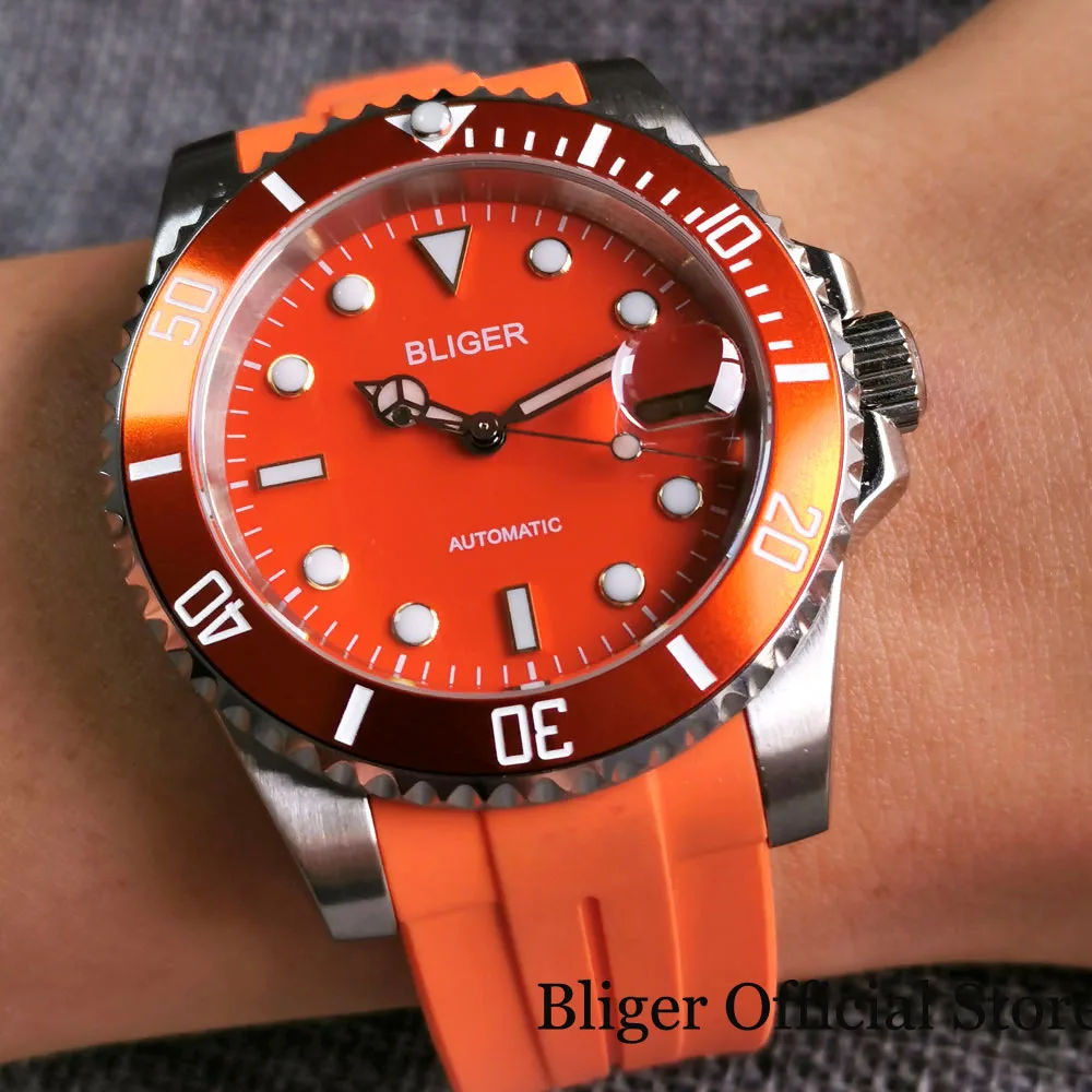 

BLIGER Orange SelfWinding 40mm Men Watch Japan NH35A Automatic Movement See-through Glass Back Rubber Band Sapphire Crystal