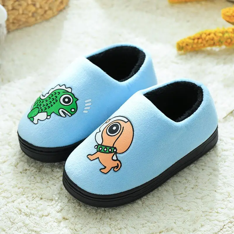 Зимние детские тапочки для девочек Единорог обувь для мальчиков мультфильм Динозавр хлопок теплые плюшевые домашние тапочки домашние детские Тапочки - Цвет: baogen dog sky blue