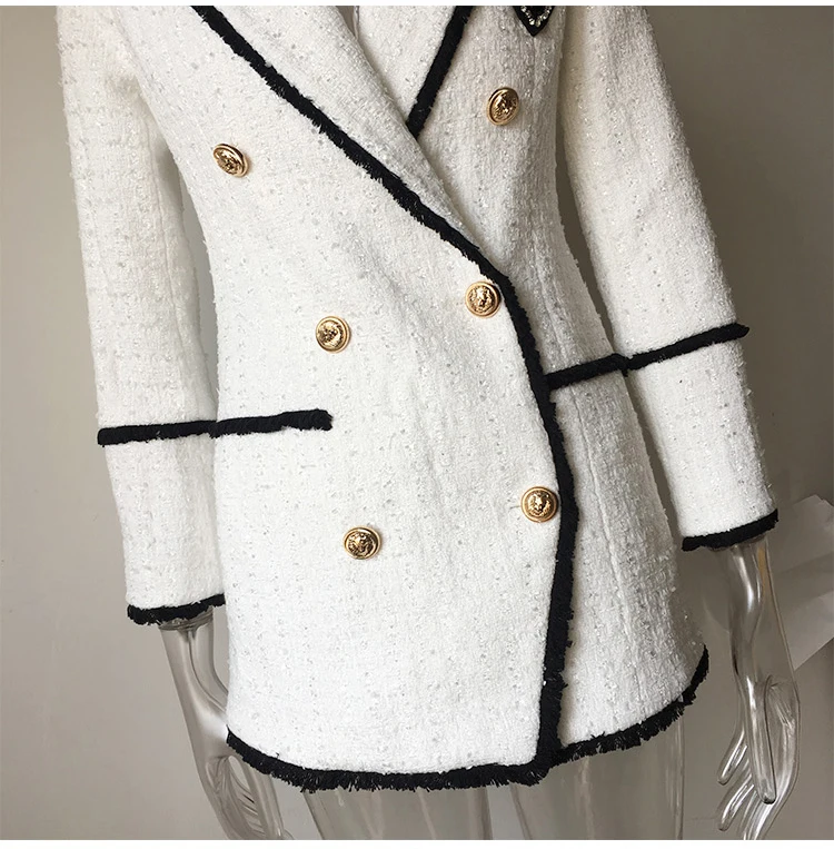 Plus Size XXXL Women High Street Long Jackets Runway Beading Double Breasted Solid Color White Slim Chic Blazers High Quality