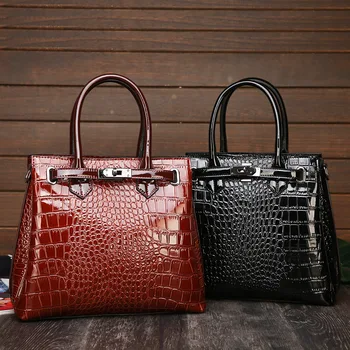 

New Style Bright Surface Women's Handbag Crocodile Pattern Large Bag Europe And America-Style Lock Shoulder Briefcase
