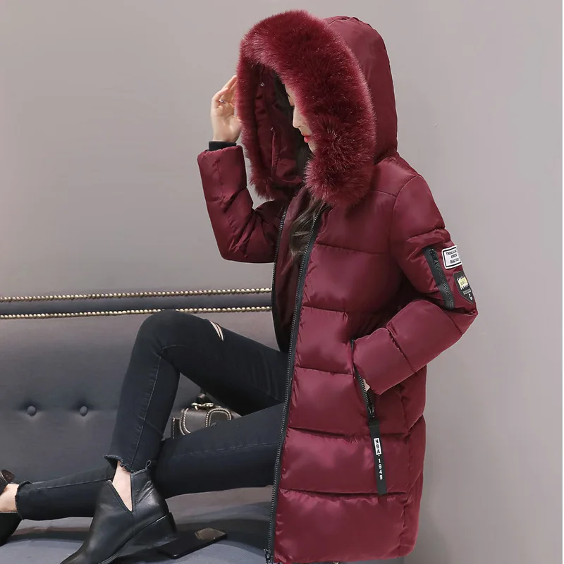 Женское теплое Стеганое пальто с капюшоном, зимние куртки, большой меховой воротник, тонкая средней длины, модная толстая пуховая хлопковая парка для женщин размера плюс B652