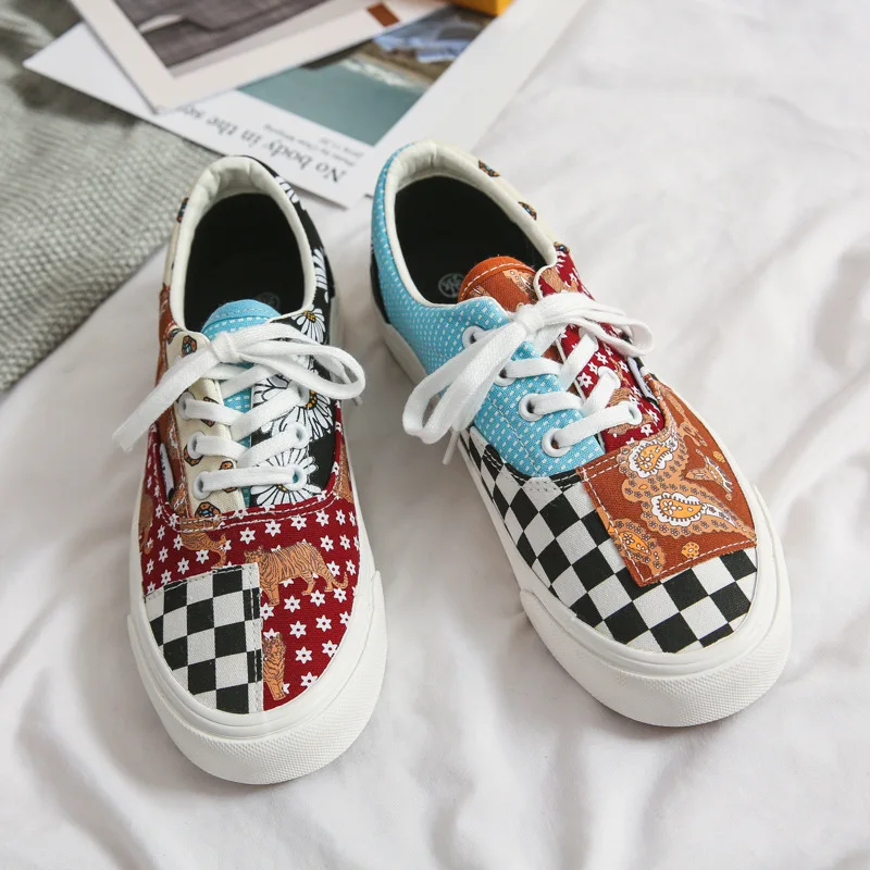 Canvas Shoes Flower Retro-Color Unisex Lace-Up Girl Skateborad Lovers Woman Ulzzang