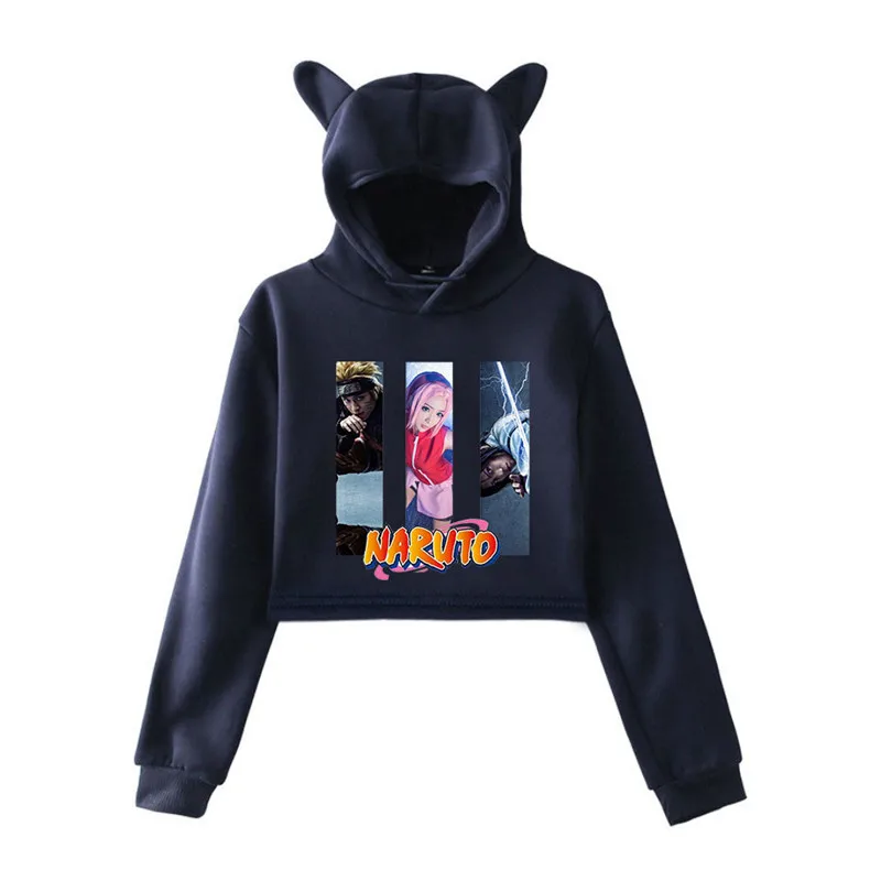 Наруто 2D принт kawaii толстовка женская мода пуловер короткая рубашка сексуальная девушка личность кошачьи уши Толстовка - Цвет: navy blue4