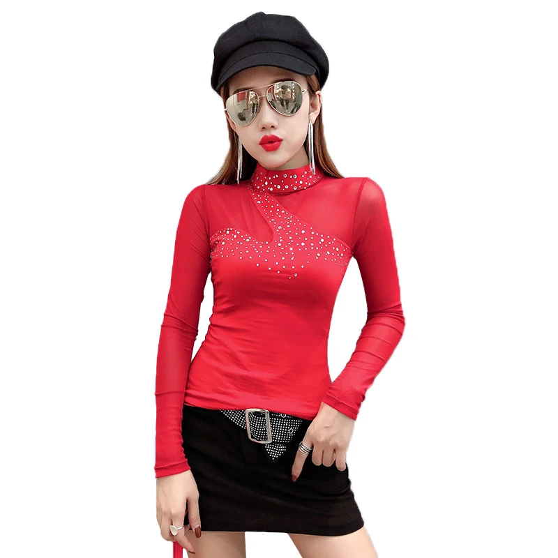 Red tshirt Футболка модная Лоскутная Сексуальная Прозрачная Сетчатая футболка в алмазах Водолазка Осень Зима длинный рукав Топ Camiseta Mujer T9N301 - Цвет: Red tshirt