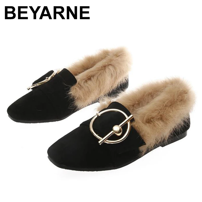 BEYARNE2019 новые модные кроличьи меховые туфли на плоской подошве флип плюс