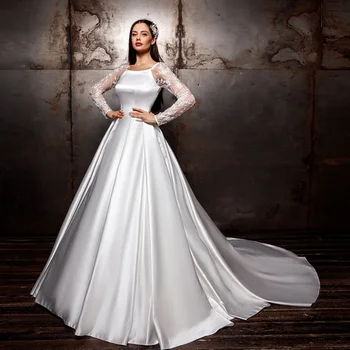 

2020 Long Sleeve Satin Wedding Gowns With Petticoat Vestito Da Sposa Open Back Beading Appliques Bridal Dresses Bruiloft