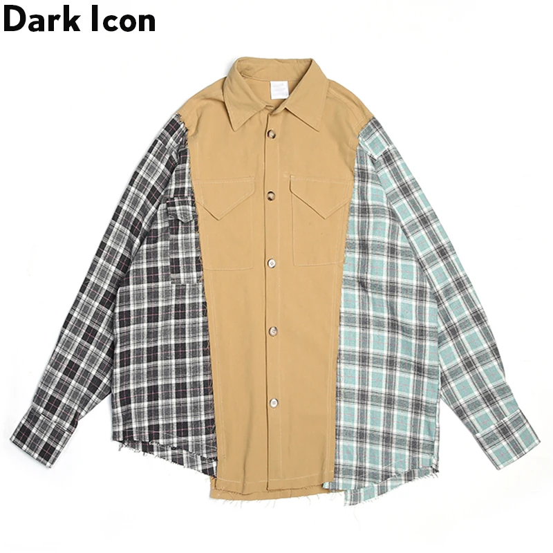 

Dark Icon Plaid Patchwork Street Shirt Men Irregular Hemline Hip-hop Shirts Streetwear Oversized Men's Shirt