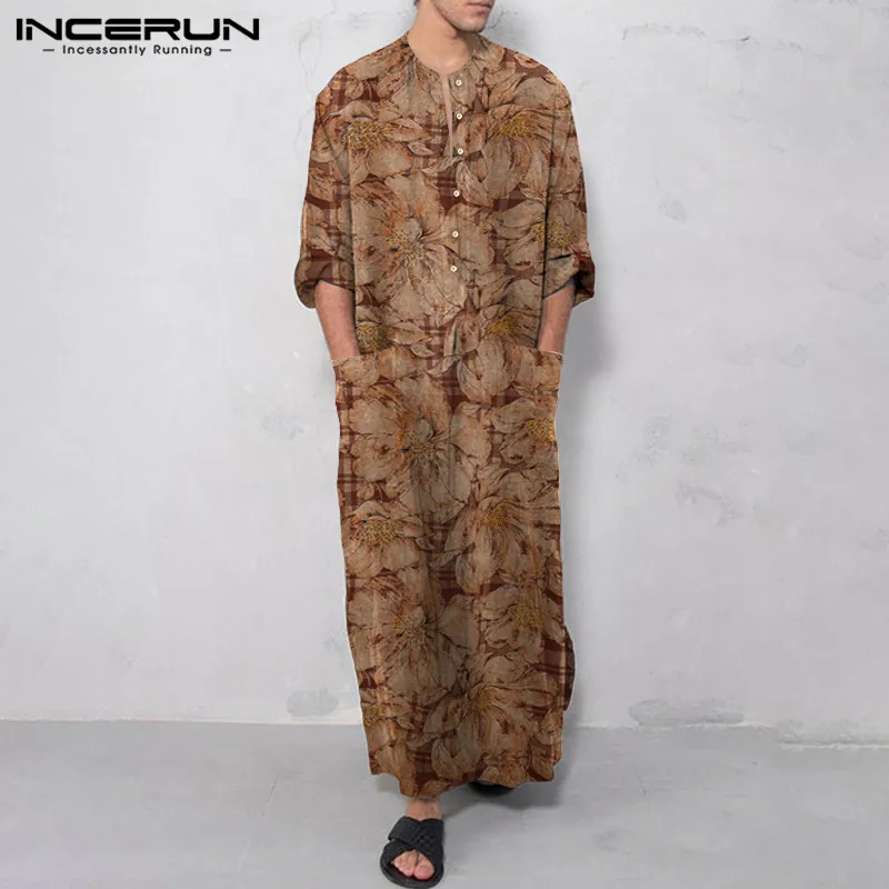 

INCERUN Men Cotton Abaya Robes Indian Clothing Men Muslim Kaftan Robes Long Sleeve Printed Jubba Thobe Casual Islamic Arabic 5XL