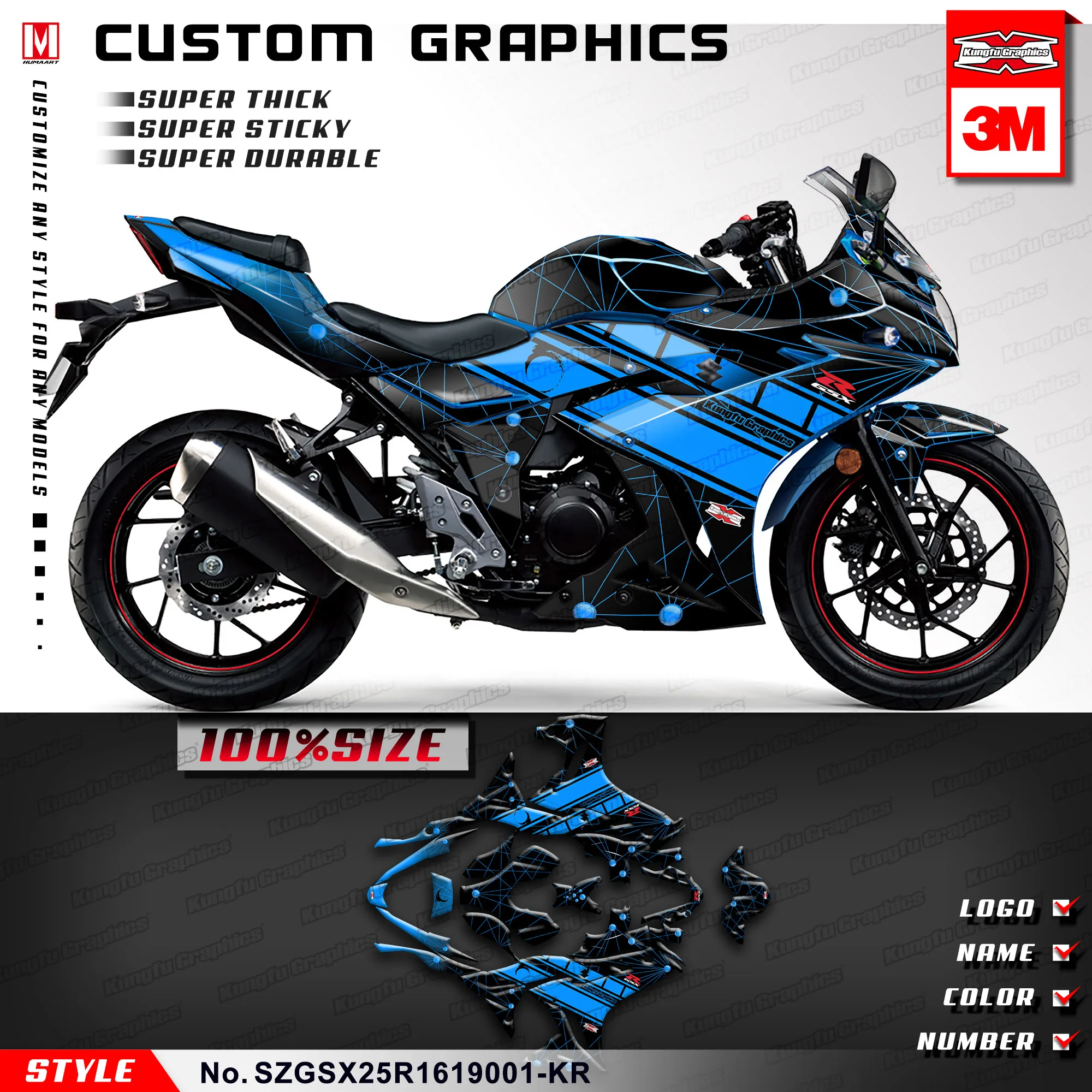 KUNGFU GRAPHICS Motorcycle Sticker Kit Vinyl Wrap Racing Decal for GSX250R 2016 2017 2018 2019 2020 Blue | Автомобили и мотоциклы