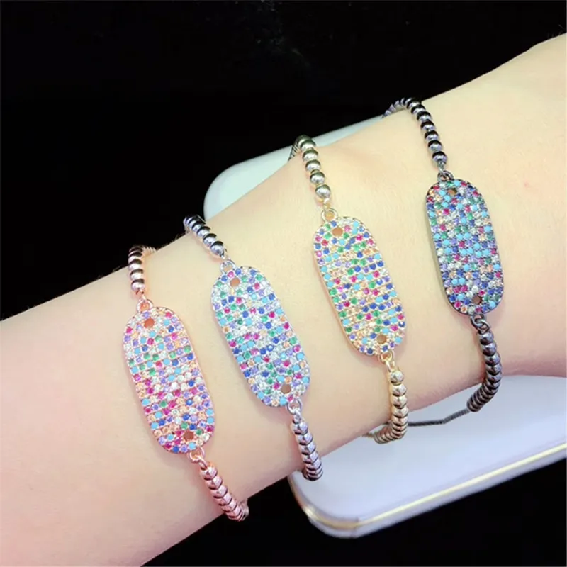 10 шт./лот,, латунный браслет с радужным кубическим цирконием, прямоугольный узор в горошек, регулируемый браслет, модные ювелирные изделия