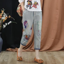 Летние женские джинсы с эластичной резинкой на талии, винтажные повседневные штаны-шаровары с вышивкой, свободные штаны до середины икры, большие размеры D428