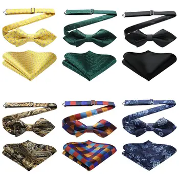 

HISDERN Men's Paisley Check Dot Striped Wedding Party Diamond Point Tip Pre-tied Bow tie & Pocket Square Set