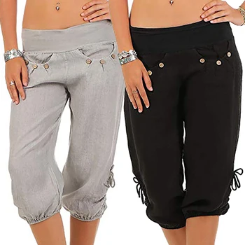 

2020 Women Summer Solid Harem Shorts Loose Knee Length Trousers Female Soft Elastic Waist Capris Plus Size 3XL