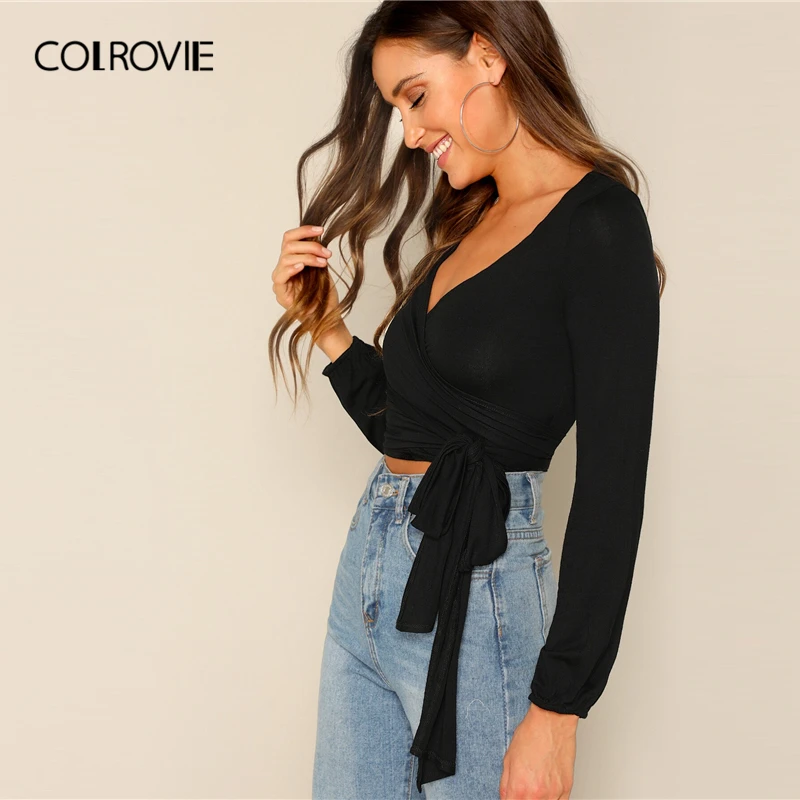 COLROVIE/однотонная укороченная футболка для женщин с v-образным вырезом и длинными рукавами, повседневные топы, Осенние облегающие футболки в стиле бохо