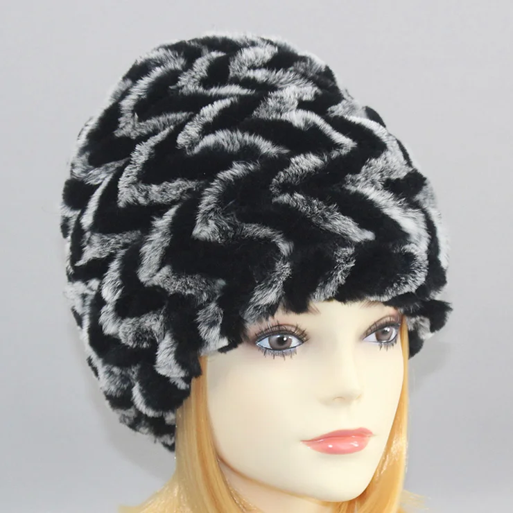 Леди натуральный кролик рекс меховая шапка зимняя Толстая Мягкая вязаная меховая шапка женская шапка из натурального меха кролика рекс - Цвет: black grey