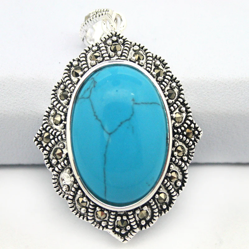 

925 STERLING SILVER MIRROR SHAPE OVAL BLUE jade MARCASITE PENDANT 27*43mm