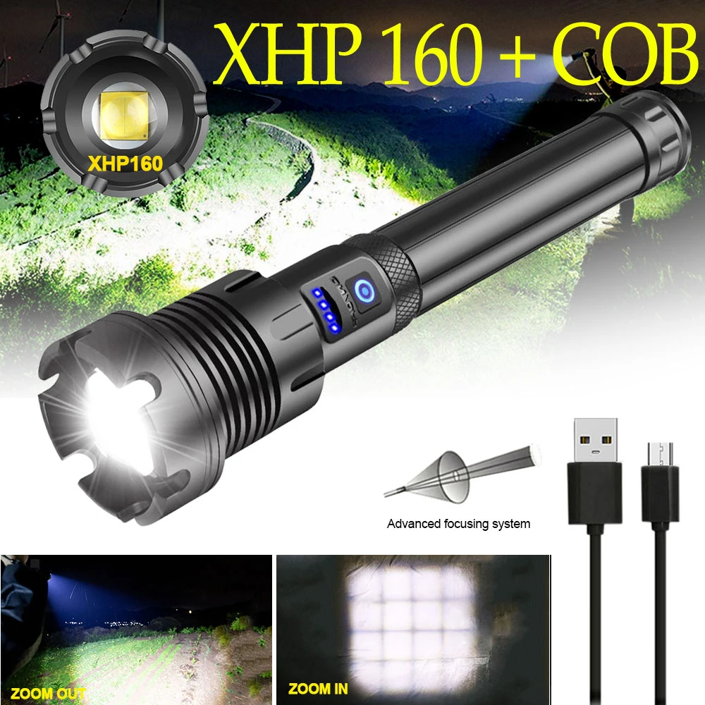 Фонарик XHP160 Мощный светодиодный 16 ядер зарядка от USB масштабируемый COB фонарь