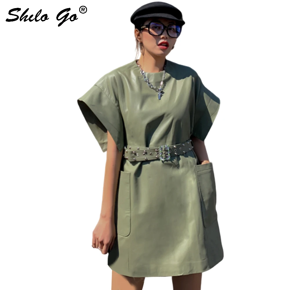 

Genuine Leather Dress Elegant Rivets Deatil Belted Flare Sleeve Sheepskin Dress Women Autumn Glamorous Pocket Side Loose Dresses