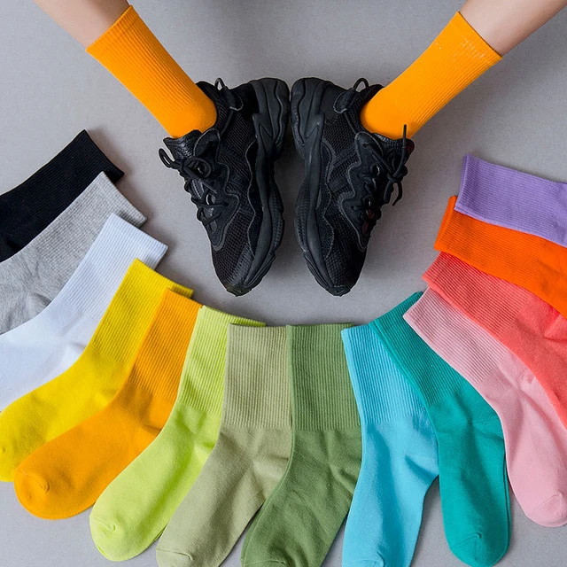 Spring autumn solid color socks women's tube thin fluorescent socks street  hip-hop wild black cotton