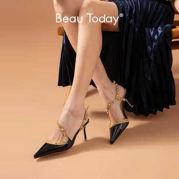 

BeauToday Pump Sandals Women Patent Leather Rivet Detailed Buckle Strap Pointed Toe Summer Ladies High Heel Shoes Handmade 31111