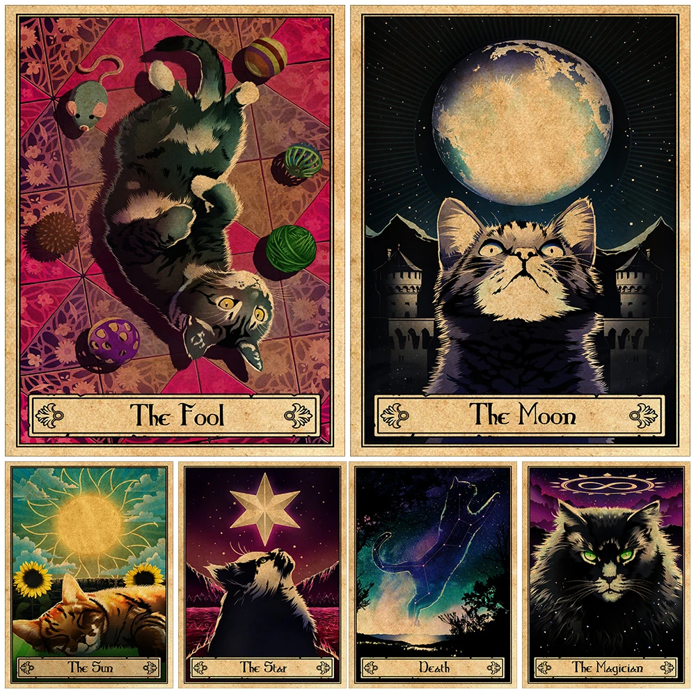

Mysterious Deadly Cat Tarot Vintage Wall Art Canvas Painting Home Decoration Cat Fatalism Astrology Witchcraft Poster And Prints