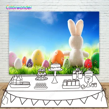 

Spring Photography Background Rabbit Easter Eggs Blue Sky Nature Scenery Backdrops for Photo Studio Home Decoration Prop Banner