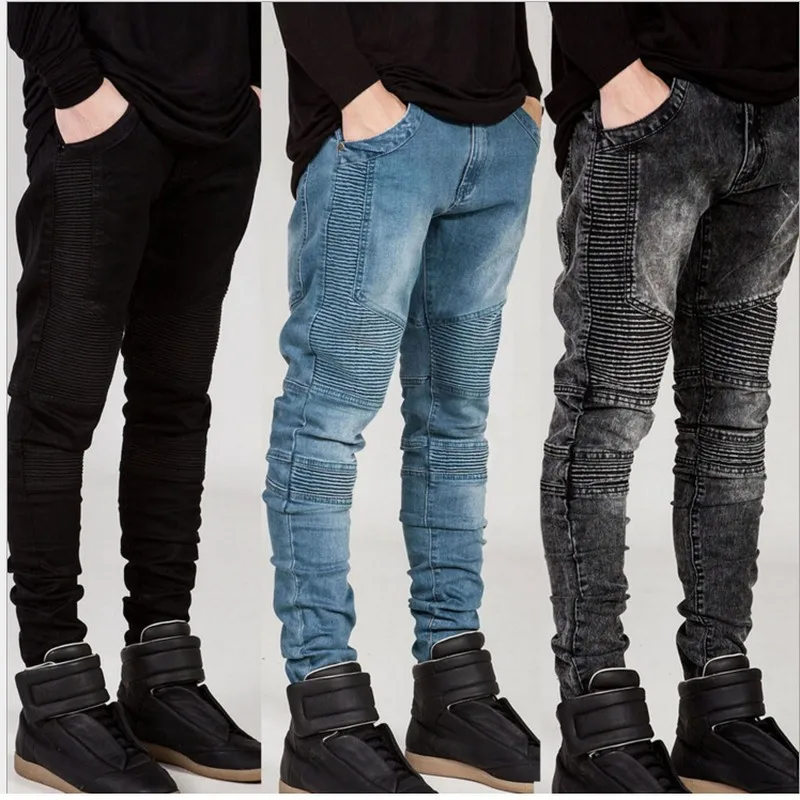 Kaufen OLOME 2019 Neue Streetwear Herren Ripped Biker Jeans Männer Mode Motorrad Slim Fit Schwarz Grau Blau Moto Denim Hosen dünne