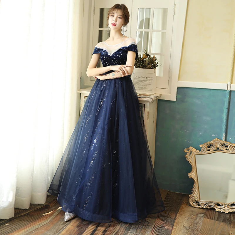 

Elegant Dark Navy Evening Dress Velvet Top and Tulle Bottom Long Prom Gowns Sheer Neckline with Beads