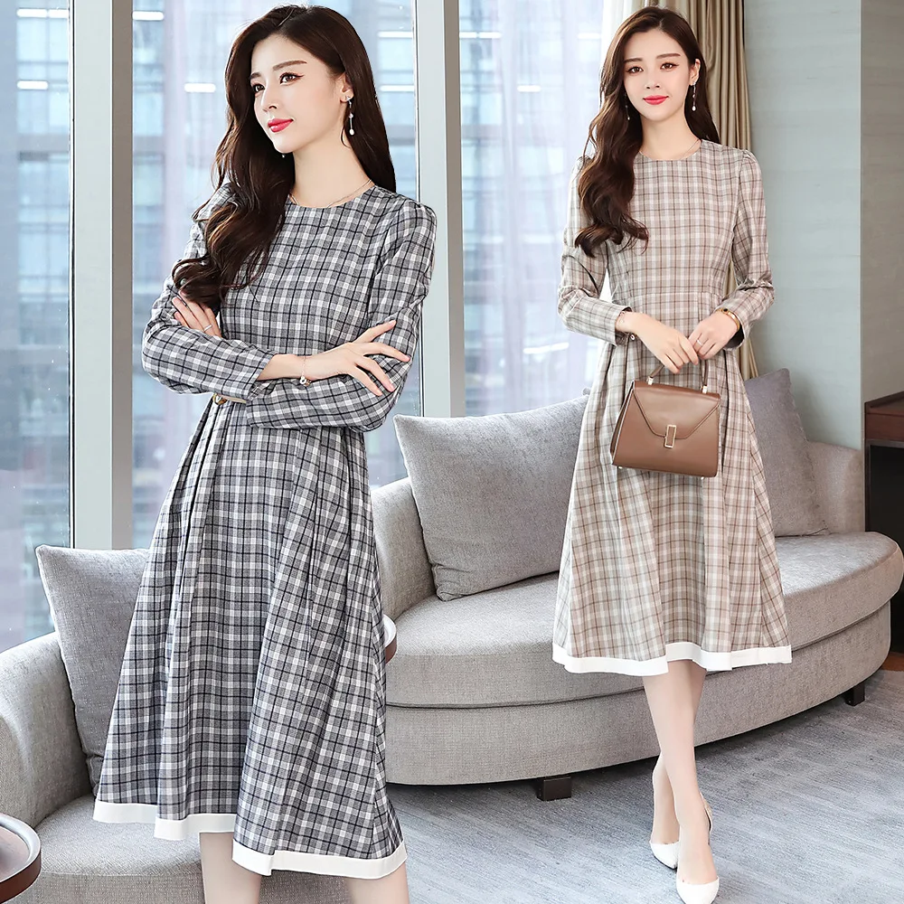 

Fashion Plaid Dress Women's 2018 Autumn New Style Korean-style Long Sleeve Slim Fit Slimming Crew Neck Mid-length Base Skirt