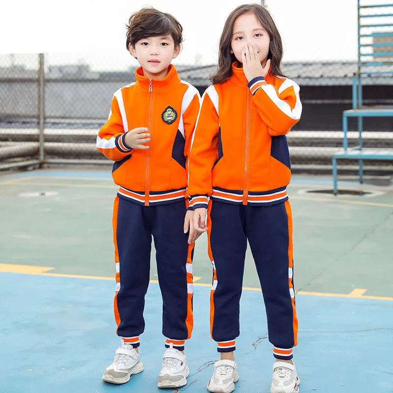 Uniforme de escuela primaria para niños, chaqueta naranja gruesa, pantalones azul marino, ropa deportiva, traje para estudiantes de guardería, e Invierno|Uniformes escolares| - AliExpress