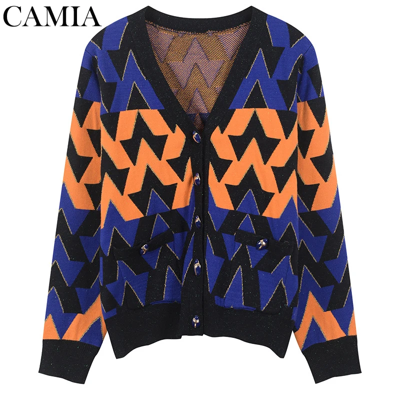 Best Price CAMIA rhombic striped color cardigan knit sweater casual loose jacket women's winter sweater Best Price CAMIA rhombic striped color cardigan knit sweater casual loose jacket women's winter sweater
