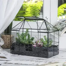 NCYP Glass Geometric Terrarium Tin-Sealed Brass Black House Shape Container with Grid and Swing Lid for Moss Succulents Cacti