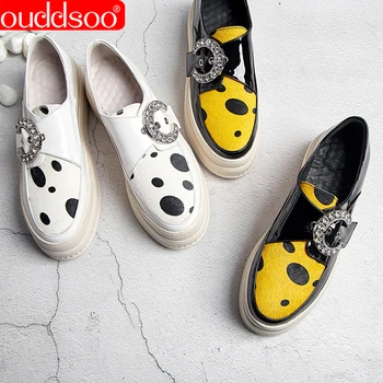 

ODS Polka Dot Flats Crystal Sneakers Women Spot Horsehair High Platform Slip On Genuine Leather Womens Shoes Black Off White Fur