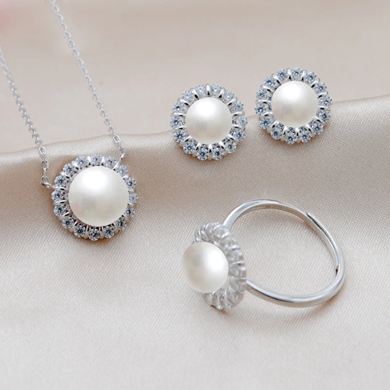 Platinum set MeiBaPJ, настоящее 925 пробы, Серебряный цветок, Модный Ювелирный Набор, натуральный жемчуг, подвеска, кольцо, серьги, свадебные ювелирные изделия для женщин - Цвет камня: Platinum set