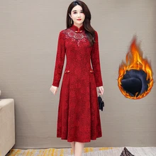 Robe de soirée en velours doré pour femmes, rétro, doublure, Plus polaire, Cheongsam, élégante, Perspective, Sexy, taille fine, Vintage