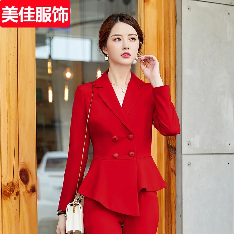 

2019 Autumn New Style Suit Set Women Red Suit Business Elegant Graceful Work Clothes Host Workwear